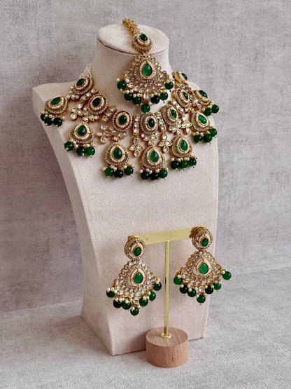 Ayura Designs Janvi Set with Necklace, Earrings & Tikka – Kundan Detailing, Emerald Green Beads & Pearls Drops