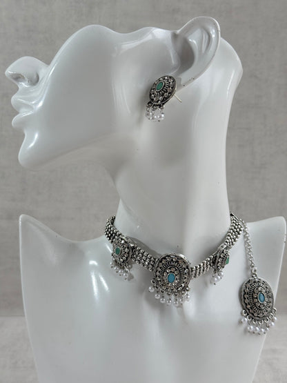 Ayura Designs Gauri Choker Necklace Set with Earrings & Tikka – Mint Green, Turquoise Blue & Crystal Stones with Oxidised Silver Finish