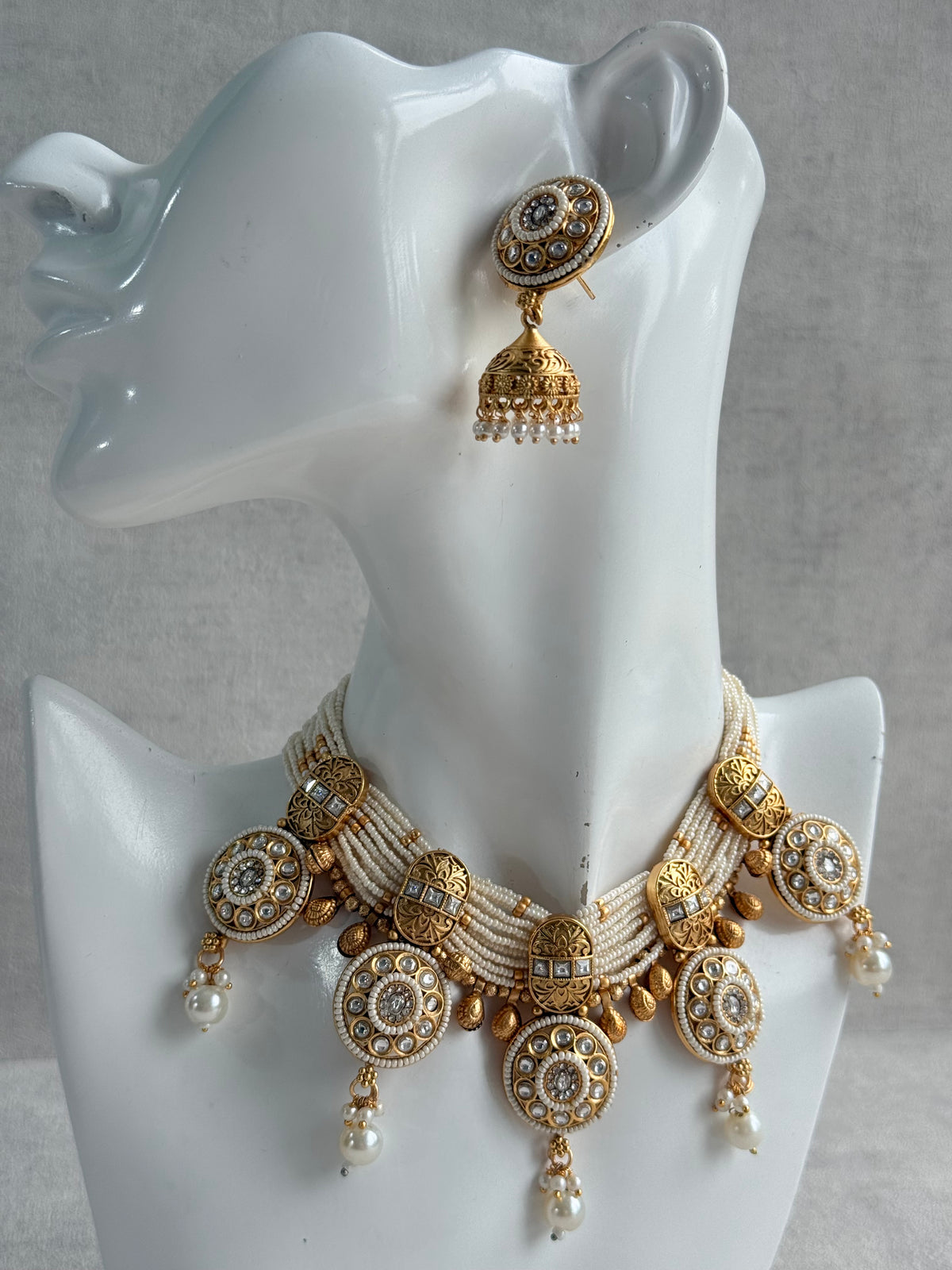 Ayura Designs Kesar Necklace Set with Jhumkis – Multi-Strand Ivory Pearl Design, Kundan Stones & Gold Finish