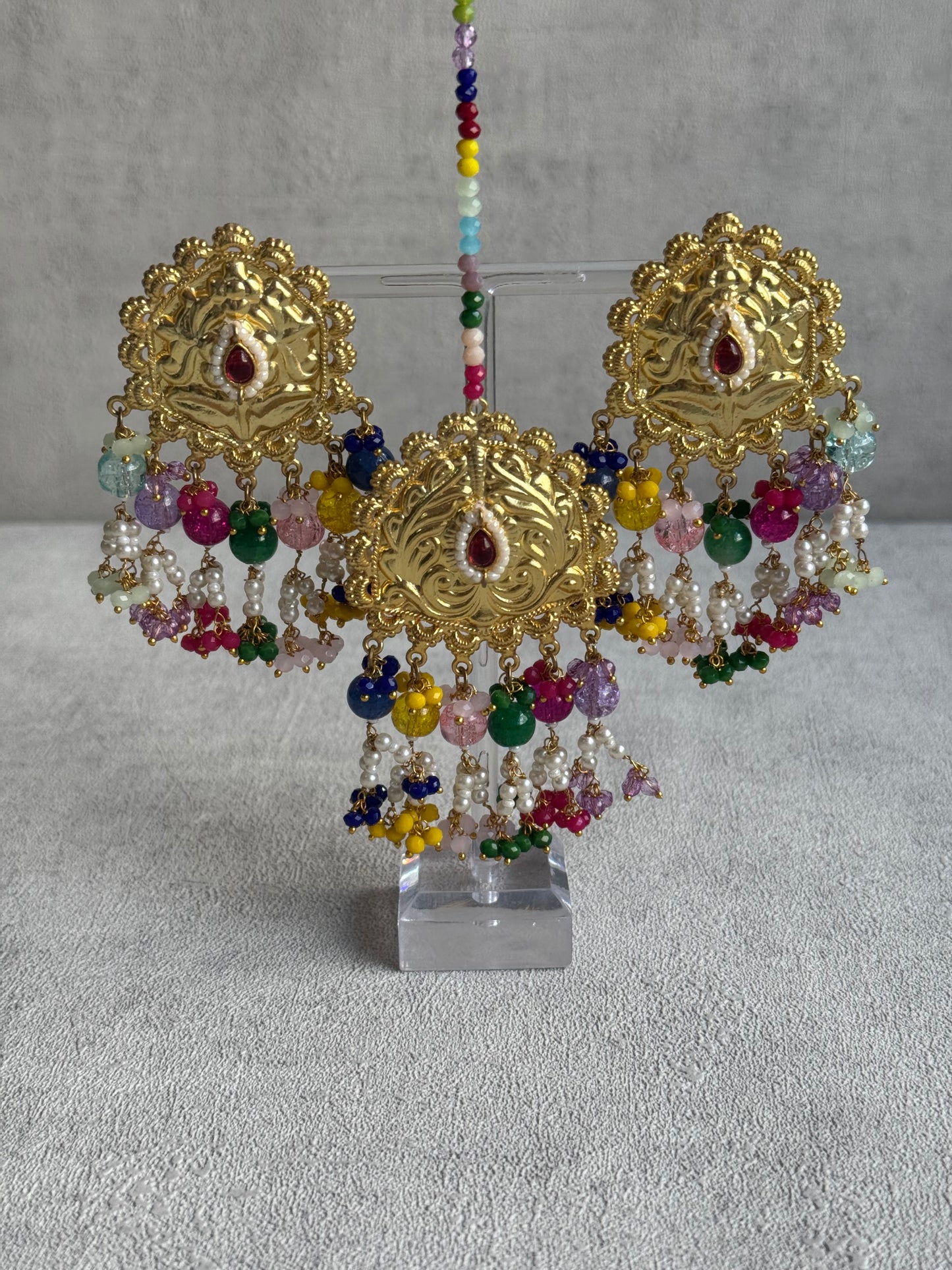 Ayura Designs Rangoli Tikka Set with Earrings – Antique Gold Finish, Multicolour Beads & Pearl Detailing
