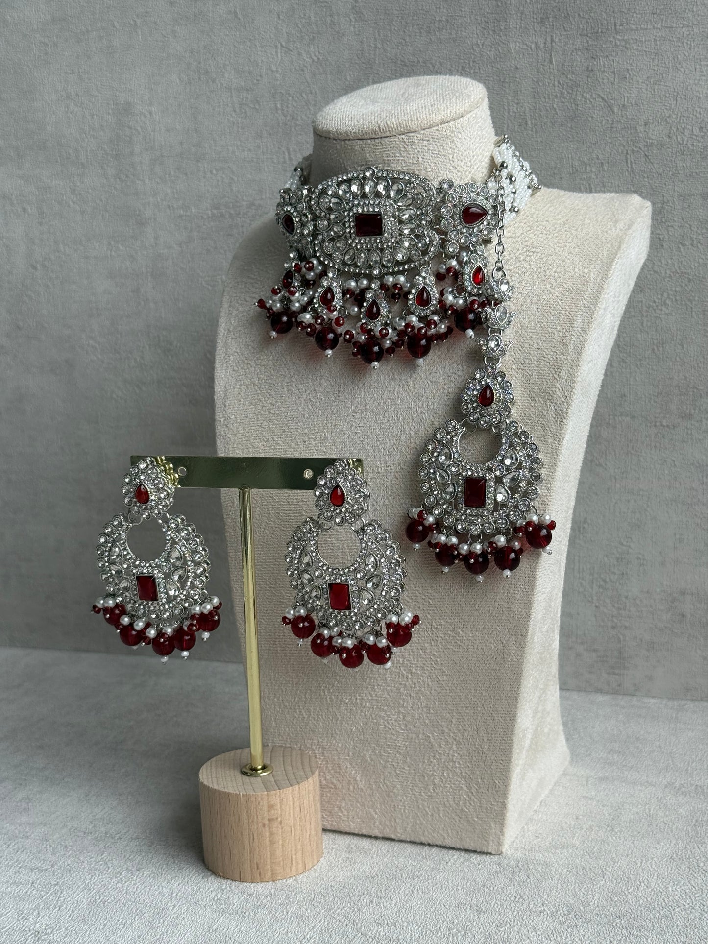 Ayura Designs Nandhini Set – Choker, Earrings & Tikka with Ruby Red Stones, Pearls & Silver Finish