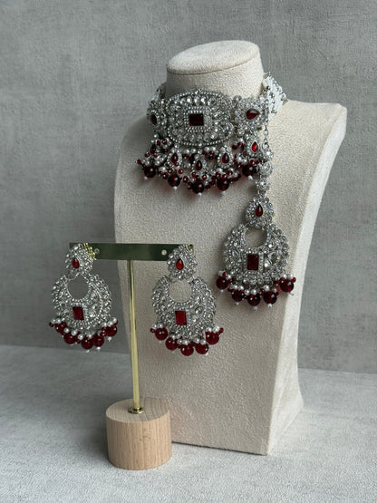 Ayura Designs Nandhini Set – Choker, Earrings & Tikka with Ruby Red Stones, Pearls & Silver Finish