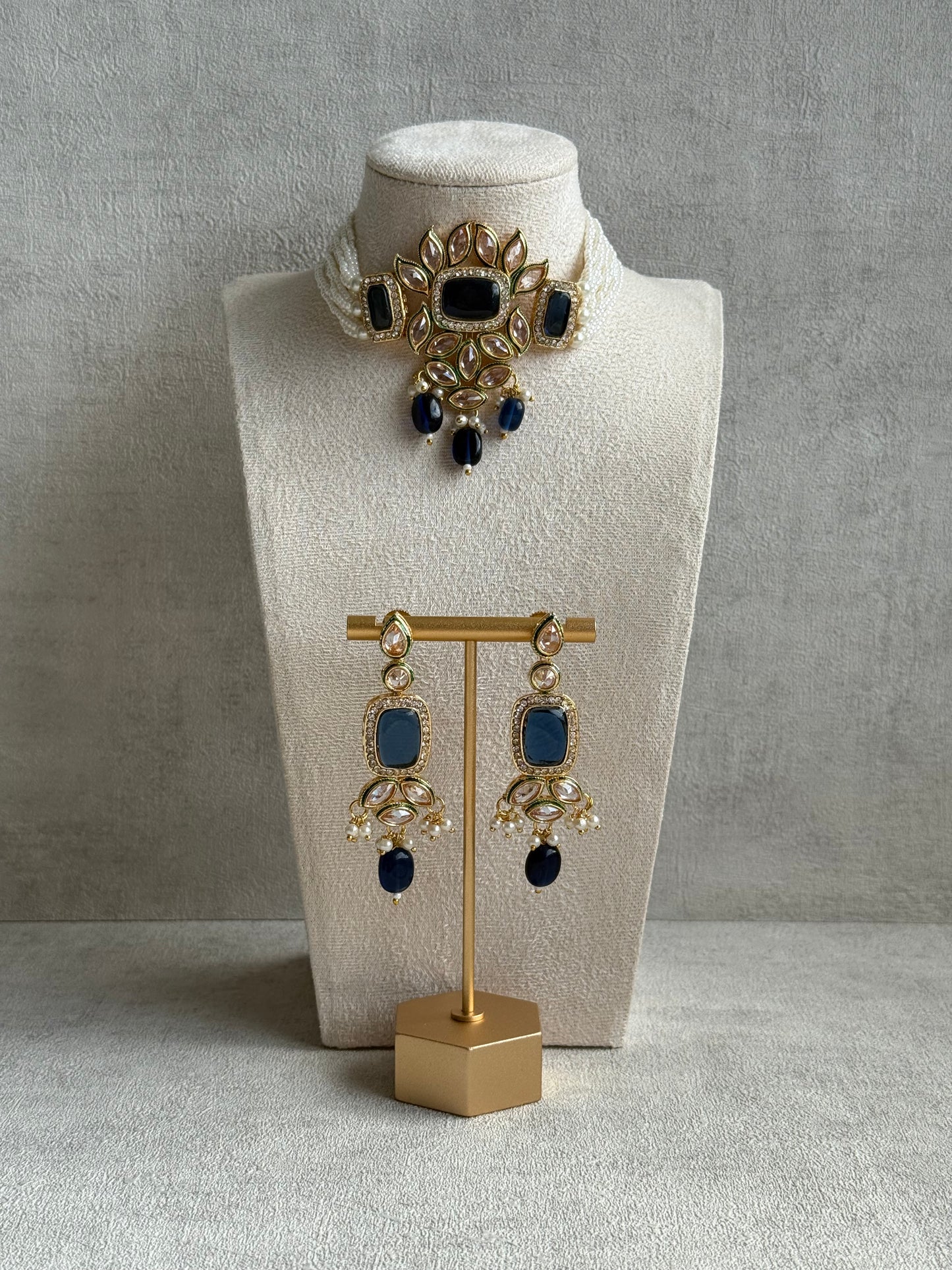 Ayura Designs Raaz Set with Necklace & Earrings – Ink Blue Stones, Kundan Detailing & Antique Gold Finish