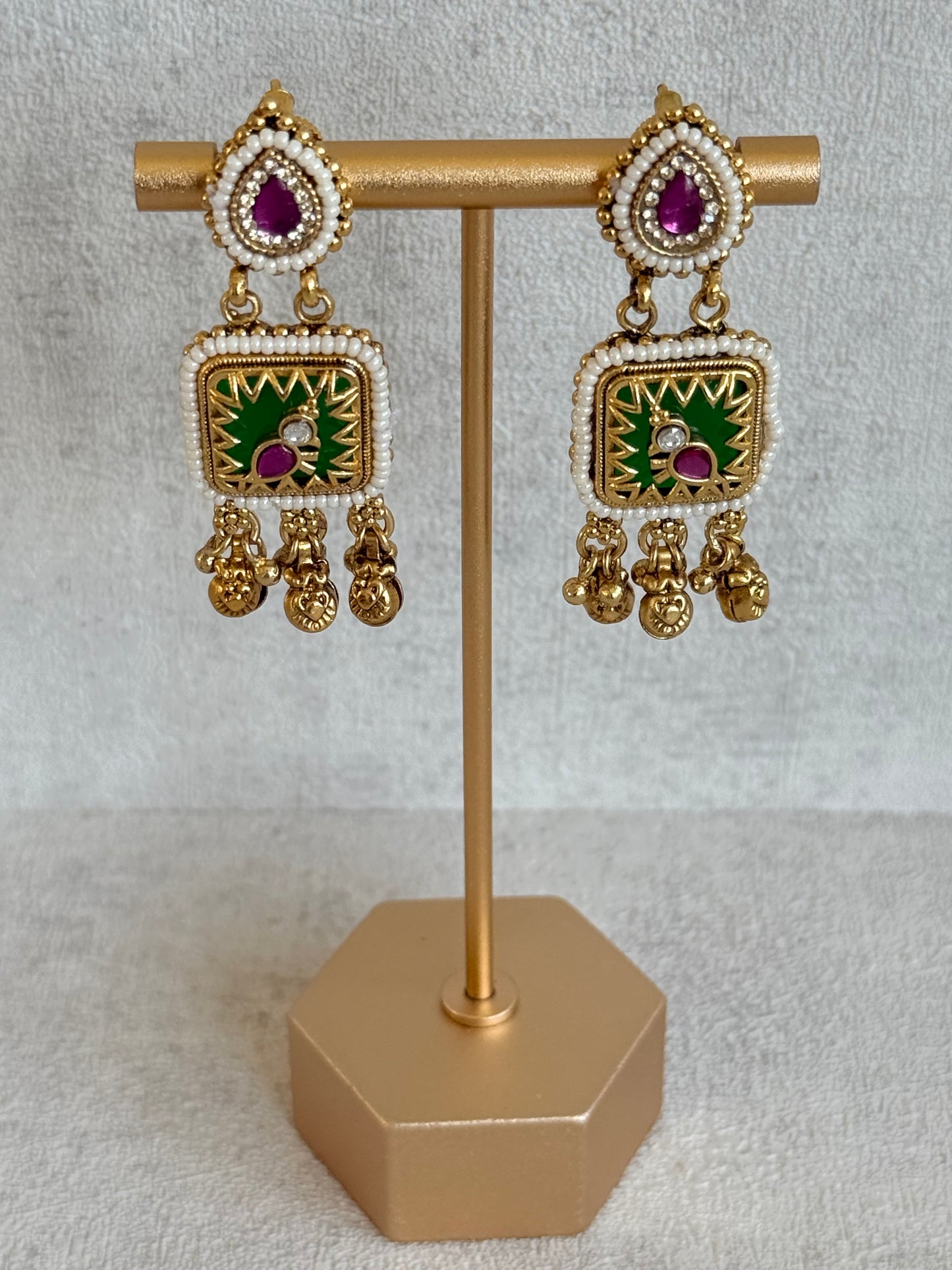Ayura Designs Inira Drop Earrings – Emerald Green Enamel Bird Earrings with Rani Pink Kundan & Ghungroo Drops