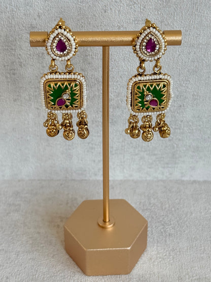 Ayura Designs Inira Drop Earrings – Emerald Green Enamel Bird Earrings with Rani Pink Kundan & Ghungroo Drops