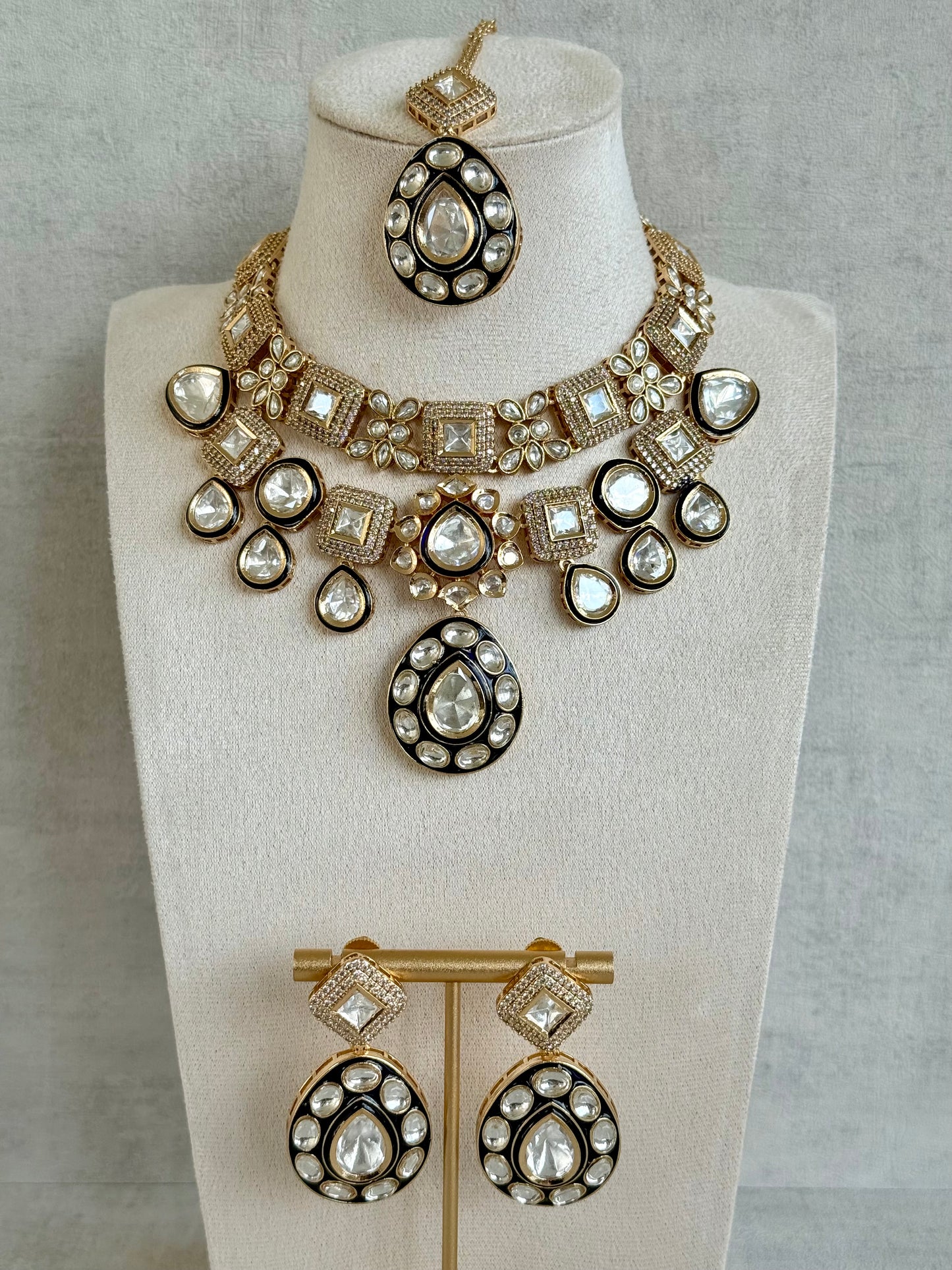 Ayura Designs Avani Set with Earrings & Tikka – Mirror-Cut Stones with Deep Blue Enamel Detailing & Crystal Borders