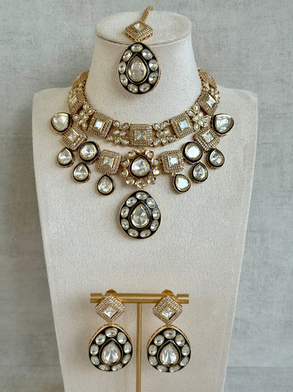 Ayura Designs Avani Set with Earrings & Tikka – Mirror-Cut Stones with Deep Blue Enamel Detailing & Crystal Borders