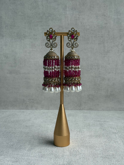 Ayura Designs Sage Earrings – Statement Jhumkis with Mirror-Cut Stones, Pearl Drops & Fuchsia Beads