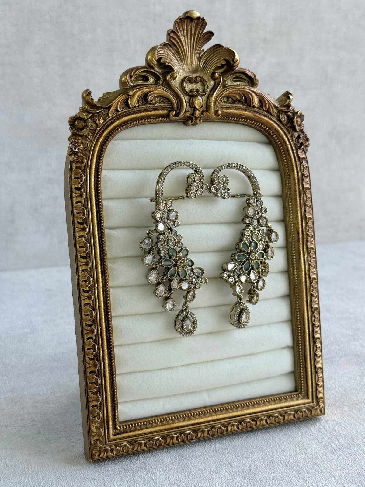 Ayura Designs Aksara Kaanphool Earrings – Mint Green Stones, Kundan, Crystals & Antique Gold Finish