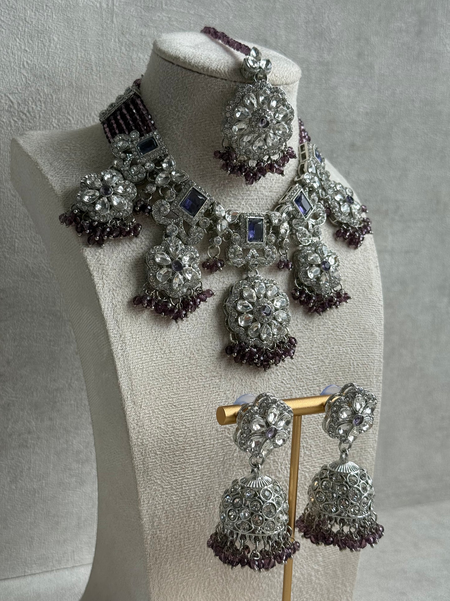 Ayura Designs Zarghuna Set with Jhumkis & Tikka – Mauve Beads, Mirror-Cut Stones & Silver Finish