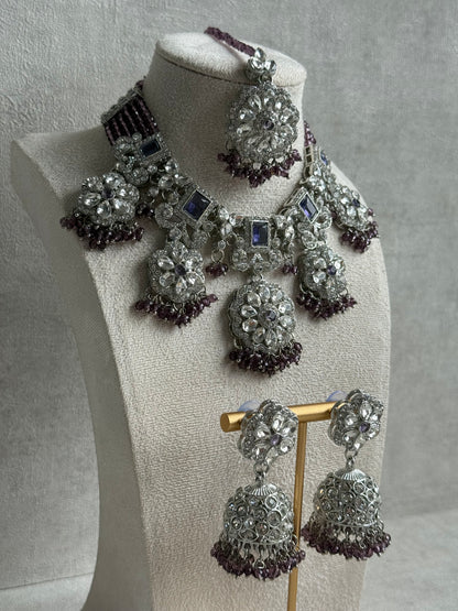 Ayura Designs Zarghuna Set with Jhumkis & Tikka – Mauve Beads, Mirror-Cut Stones & Silver Finish