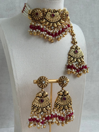 Ayura Designs Sairish Choker Set with Earrings & Tikka – Ruby Pink Beads, Pearl Detailing, Ghungroos, Paisley Motifs & Antique Gold Finish