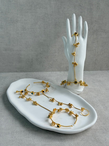 Ayura Designs Kajri Haathphool Set of 2 – Gold Tone Floral Hand Harness with Multicolour Stones & Ghungroo Detailing