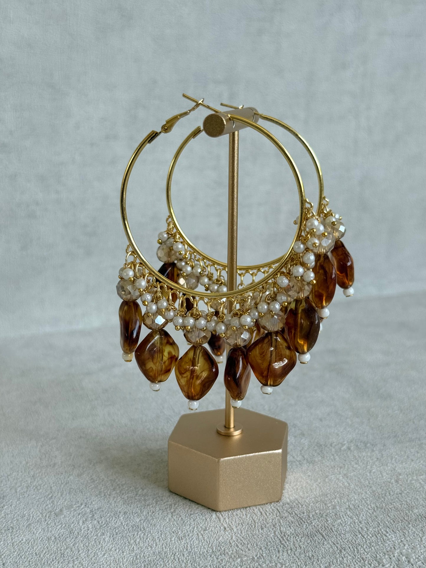 Ayura Designs Heer Balis – Gold Hoops with Smokey Amber Marble Beads, Pearls & Crystal Detailing