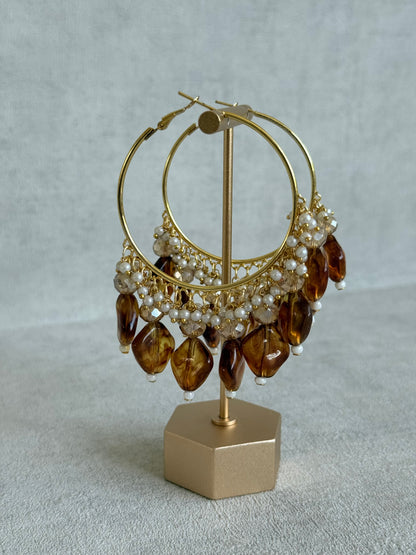 Ayura Designs Heer Balis – Gold Hoops with Smokey Amber Marble Beads, Pearls & Crystal Detailing