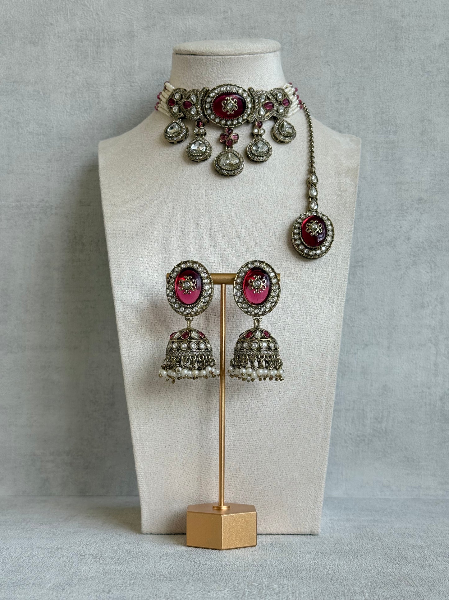 Ayura Designs Myra Choker Set with Earrings & Tikka – Ruby Pink Kundan & Pearl Detailing
