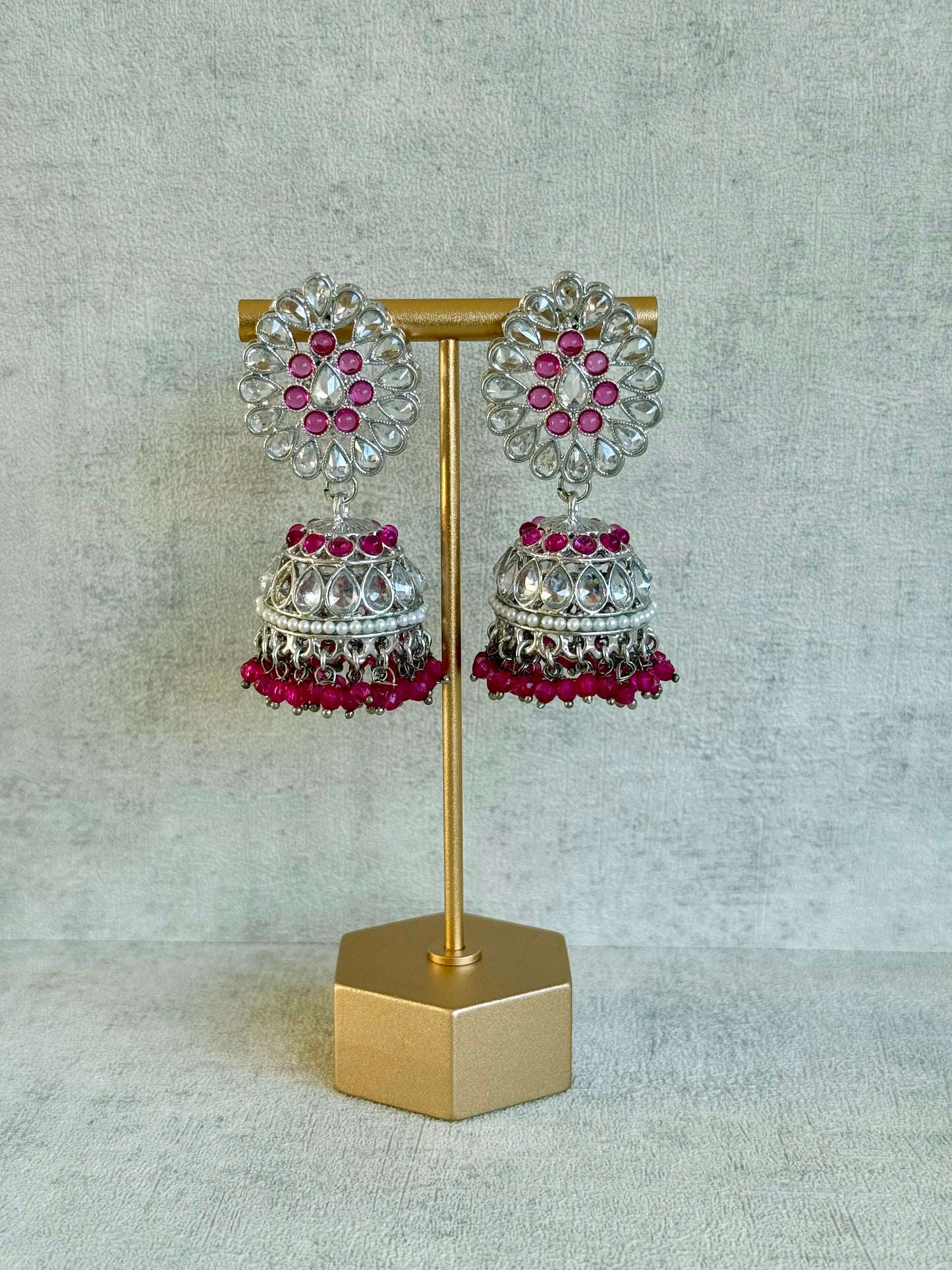 Ayura Designs Saima Set – Necklace, Jhumkis & Tikka in Fuchsia Pink with Silver Finish