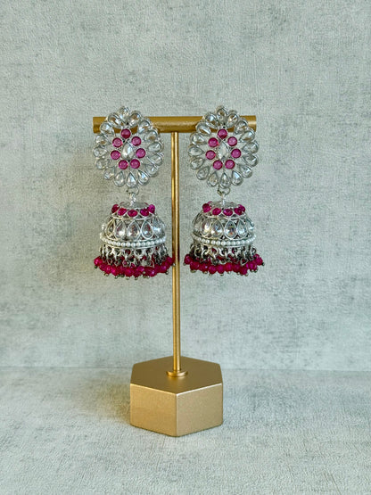 Ayura Designs Saima Set – Necklace, Jhumkis & Tikka in Fuchsia Pink with Silver Finish