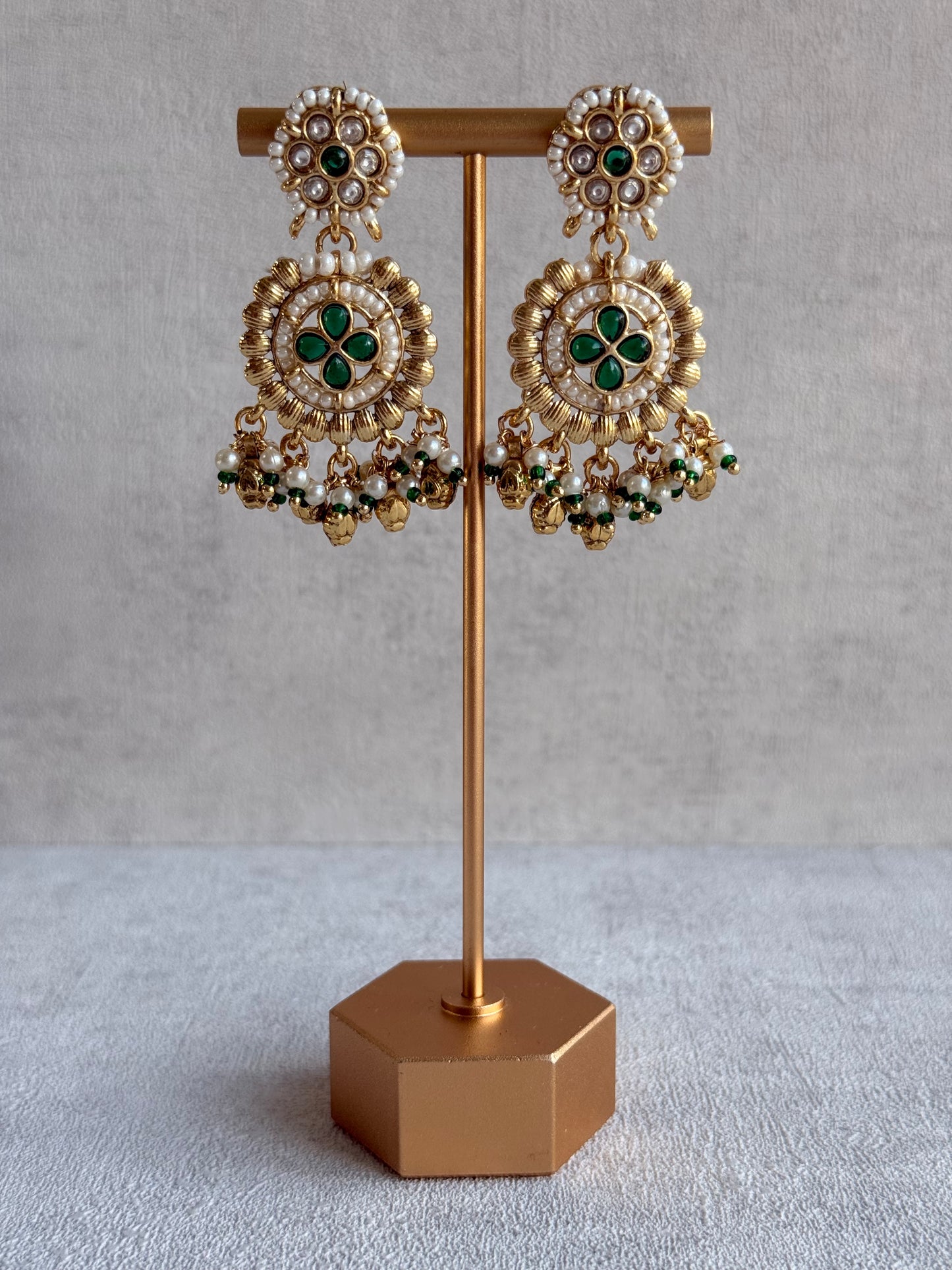 Ayura Designs Manika Necklace Set with Earrings & Tikka – Gold Finish with Emerald Green Stones, Pearls & Ghungroos