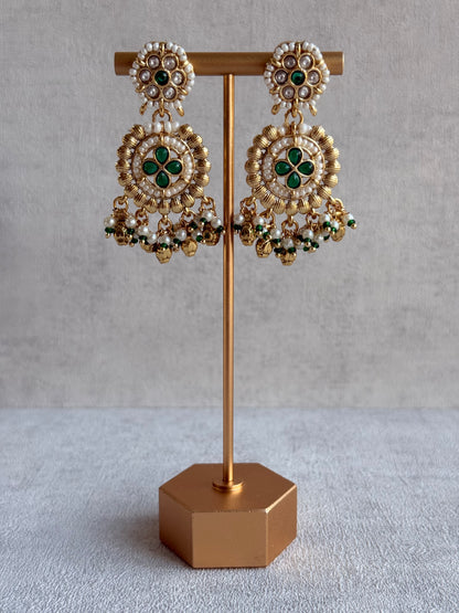 Ayura Designs Manika Necklace Set with Earrings & Tikka – Gold Finish with Emerald Green Stones, Pearls & Ghungroos