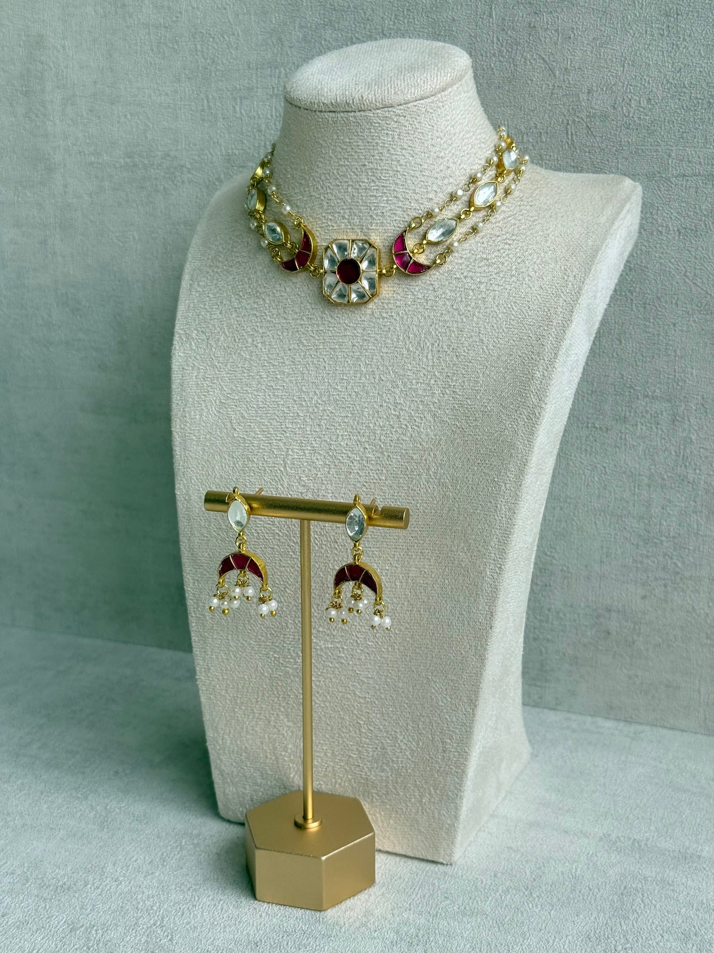 Ayura Designs Mahi Choker Set with Earrings – Meenakari Kundan Hot Pink & Ivory Detailing
