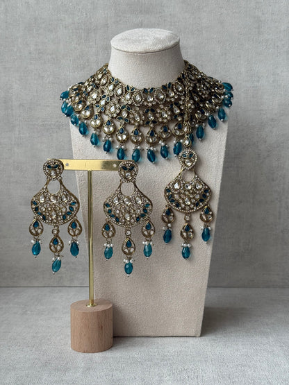 Ayura Designs Hoorain Set with Earrings – Antique Gold Finish, Mirror-Cut Stones & Peacock Blue Beads