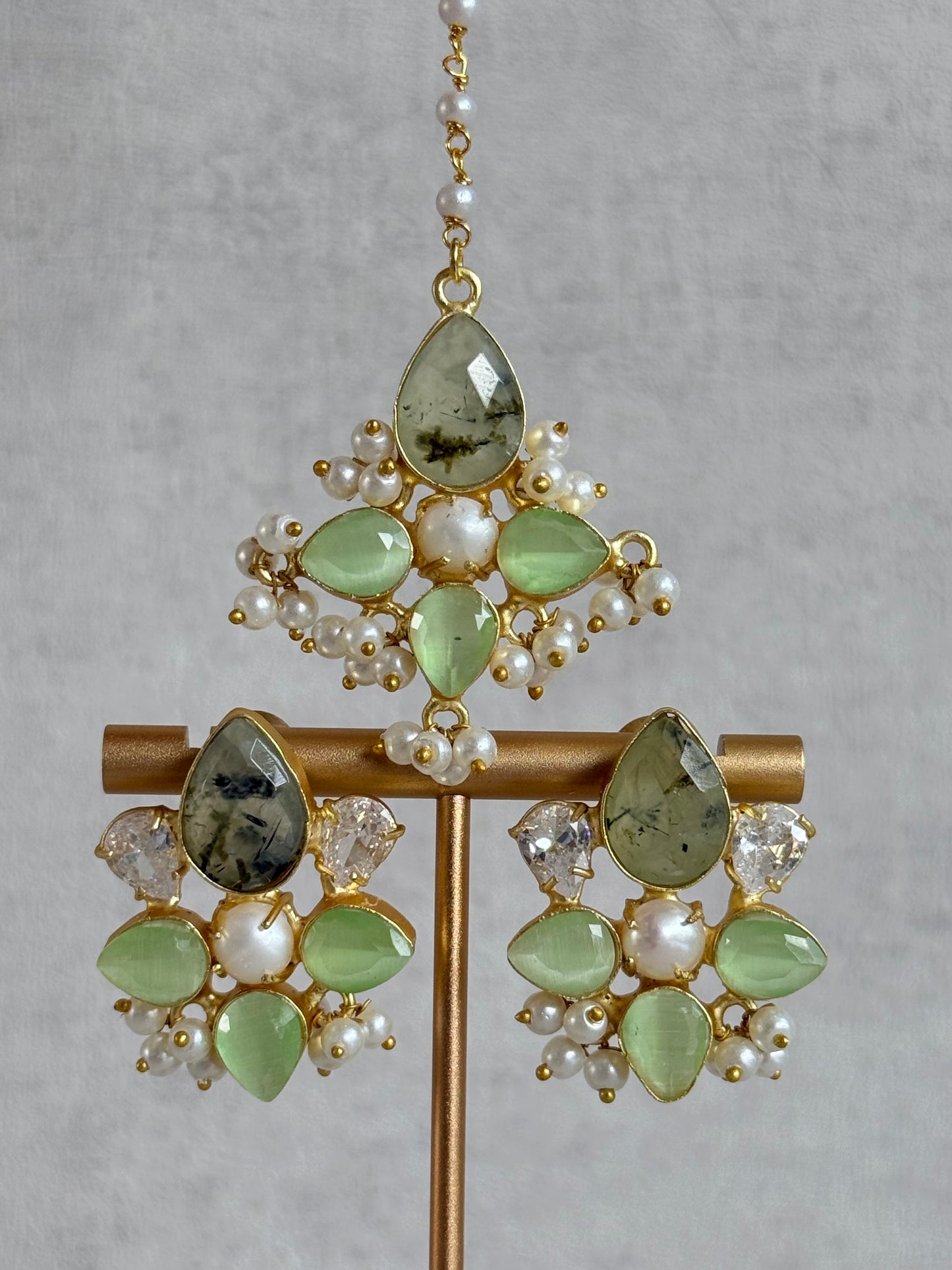 Ayura Designs Zaria Set with Tikka & Earrings – Prehnite with Pearls & Crystals
