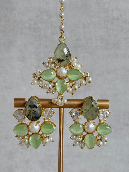 Ayura Designs Zaria Set with Tikka & Earrings – Prehnite with Pearls & Crystals