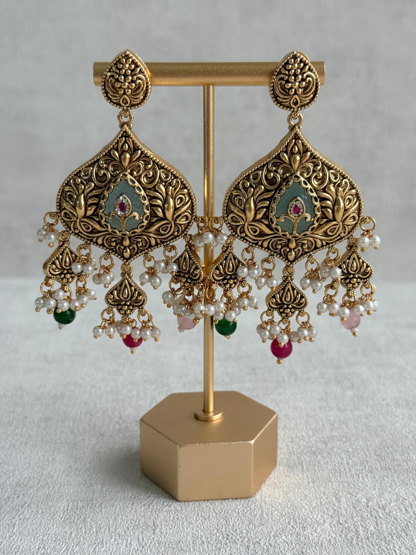 Ayura Designs Afia Necklace Set with Earrings & Tikka – Antique Gold, Multicolour Beads, Green Centre Stone & Peacock Motifs