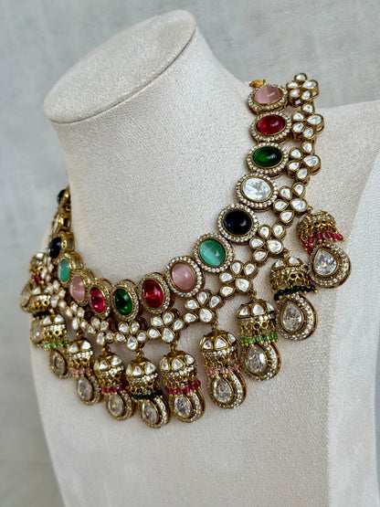 Ayura Designs Imara Set with Necklace & Jhumkis – Multicolour Stones with Kundan Detailing & Crystal Drop