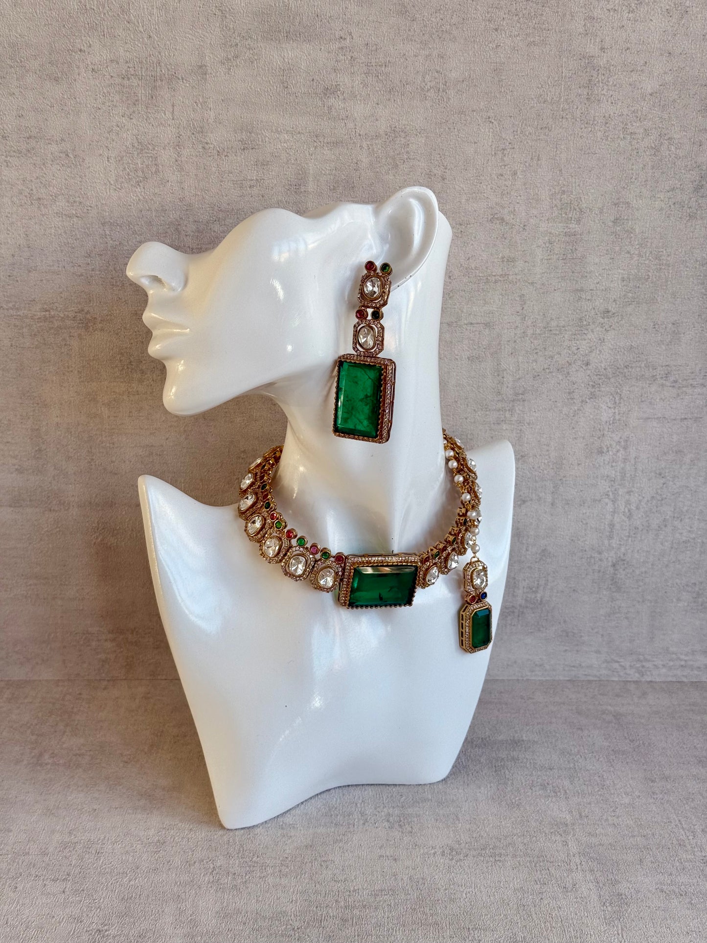 Ayura Designs Clara Set with Earrings & Tikka Emerald Green Moissanite Stones and Antique Gold Finish