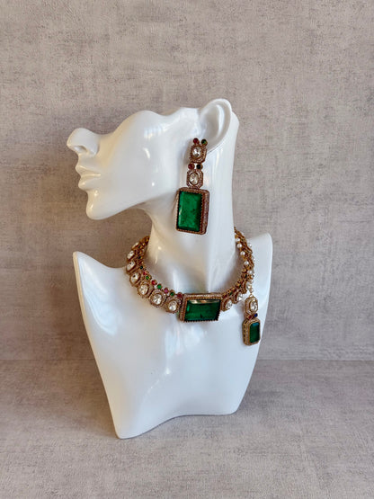 Ayura Designs Clara Set with Earrings & Tikka Emerald Green Moissanite Stones and Antique Gold Finish