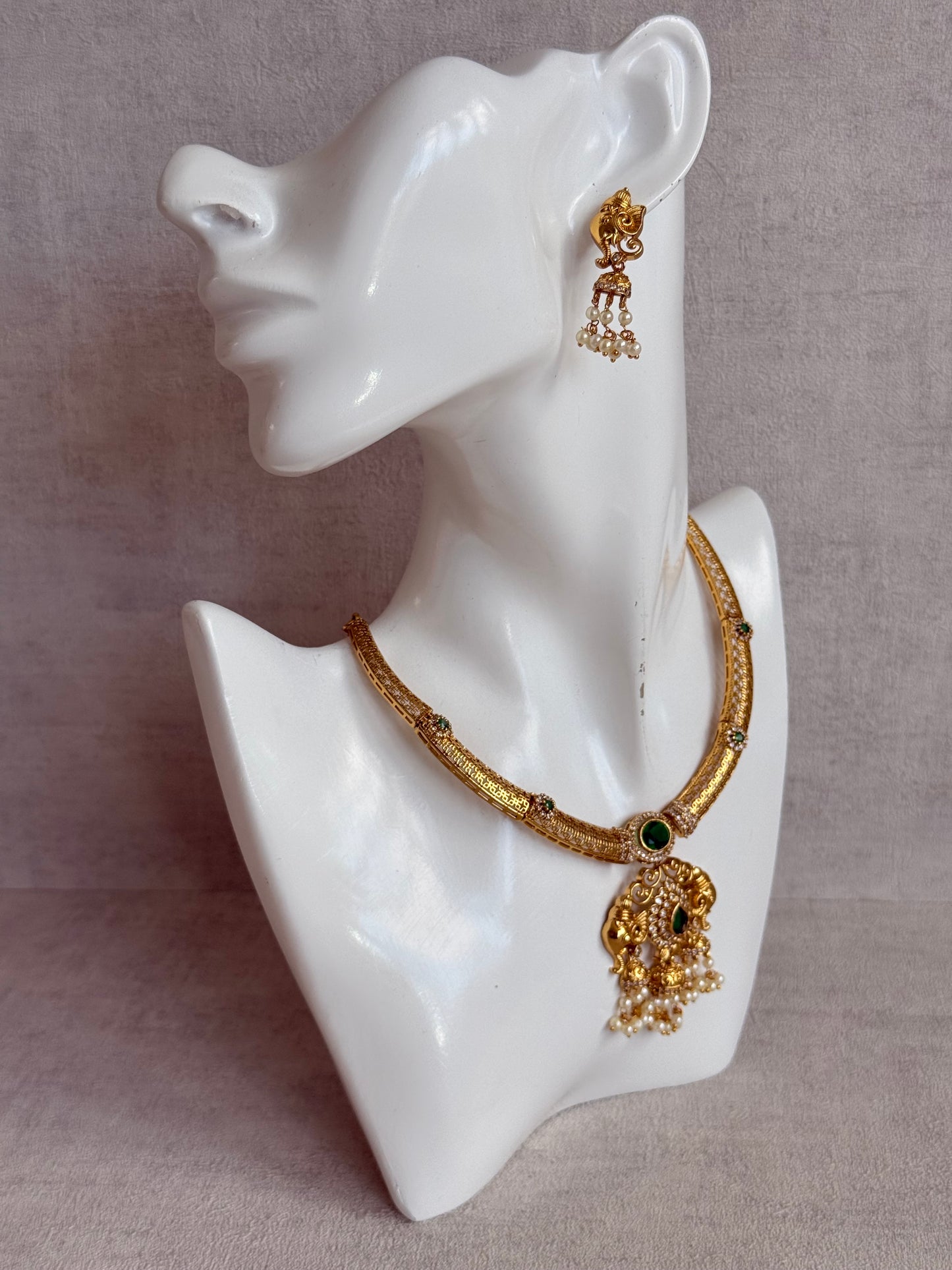 Ayura Designs Wadha Collar Necklace Set with Earrings – Gold Elephant Pendant & Emerald Green Stone Detailing