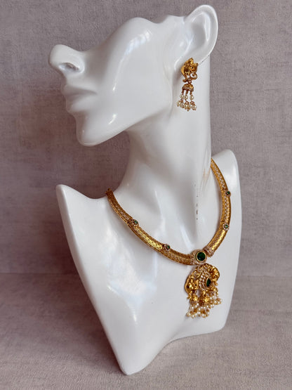 Ayura Designs Wadha Collar Necklace Set with Earrings – Gold Elephant Pendant & Emerald Green Stone Detailing