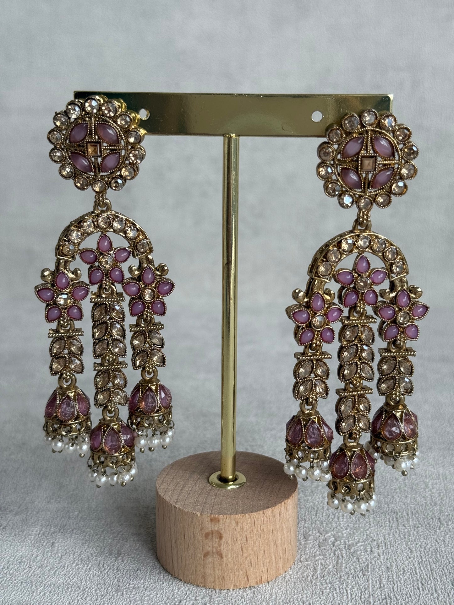 Ayura Designs Soraya Earrings – Lilac Stones, Champagne Crystals, Pearl Detailing & Gold Finish