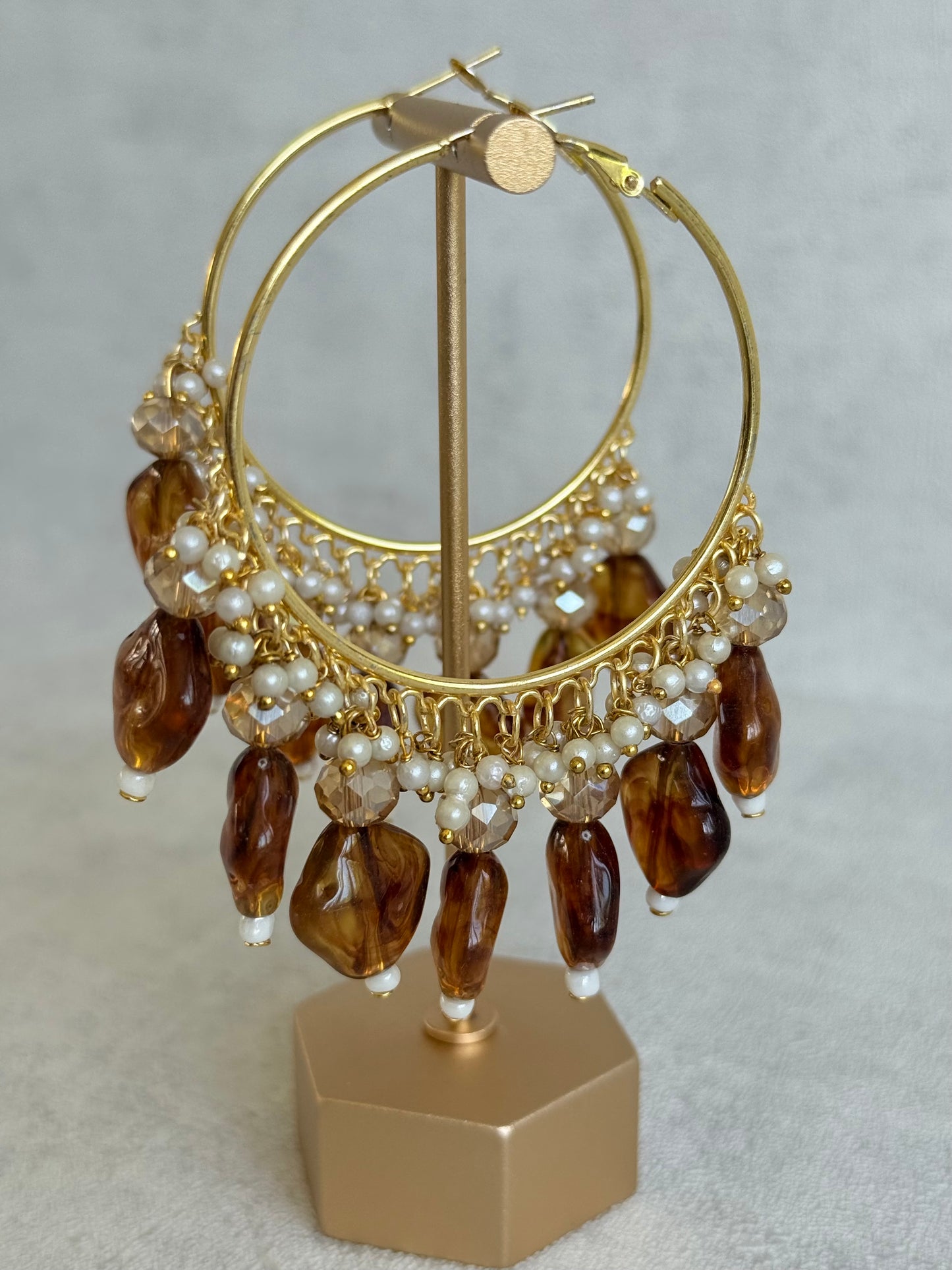 Ayura Designs Heer Balis – Gold Hoops with Smokey Amber Marble Beads, Pearls & Crystal Detailing