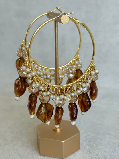 Ayura Designs Heer Balis – Gold Hoops with Smokey Amber Marble Beads, Pearls & Crystal Detailing