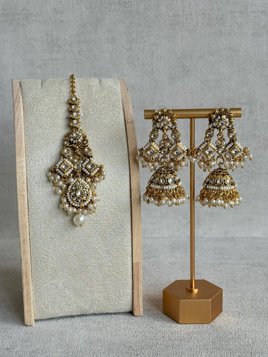 Ayura Designs Ania Tikka Set with Jhumkis – Pearl, Kundan & Gold Detailing