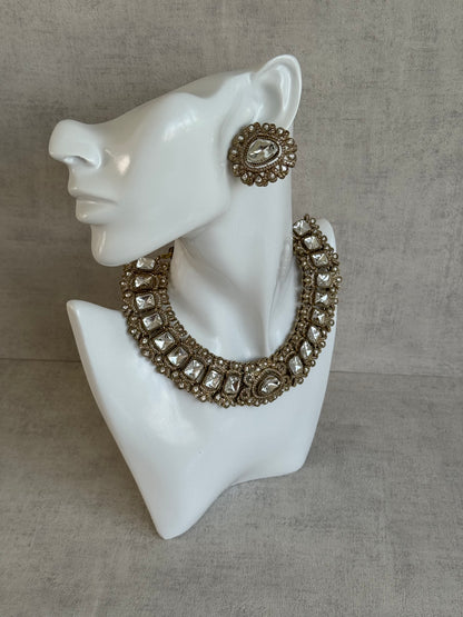 Ayura Designs Riva Set with Necklace, Studs & Tikka – All-Mirror Stones in Antique Gold