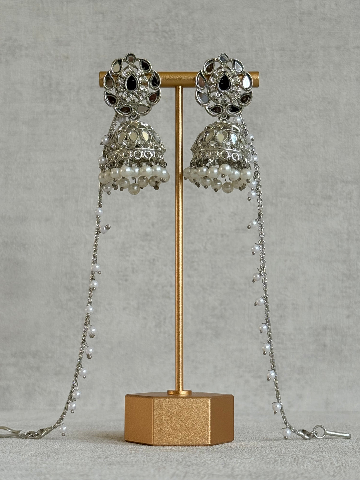 Ayura Designs Mira Jhumkis – Silver Mirror-Cut Earrings with Detachable Single-Layer Pearl Sahare