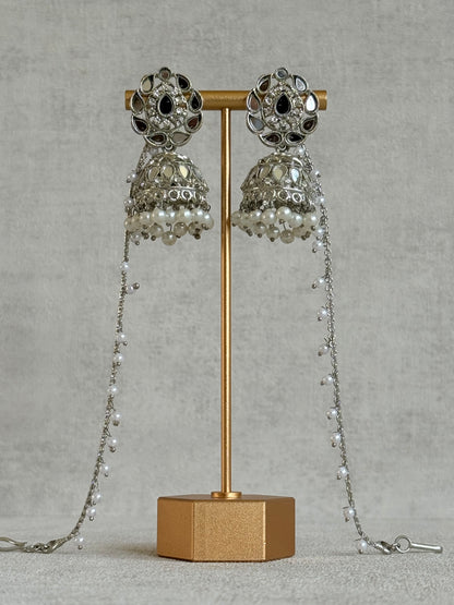 Ayura Designs Mira Jhumkis – Silver Mirror-Cut Earrings with Detachable Single-Layer Pearl Sahare