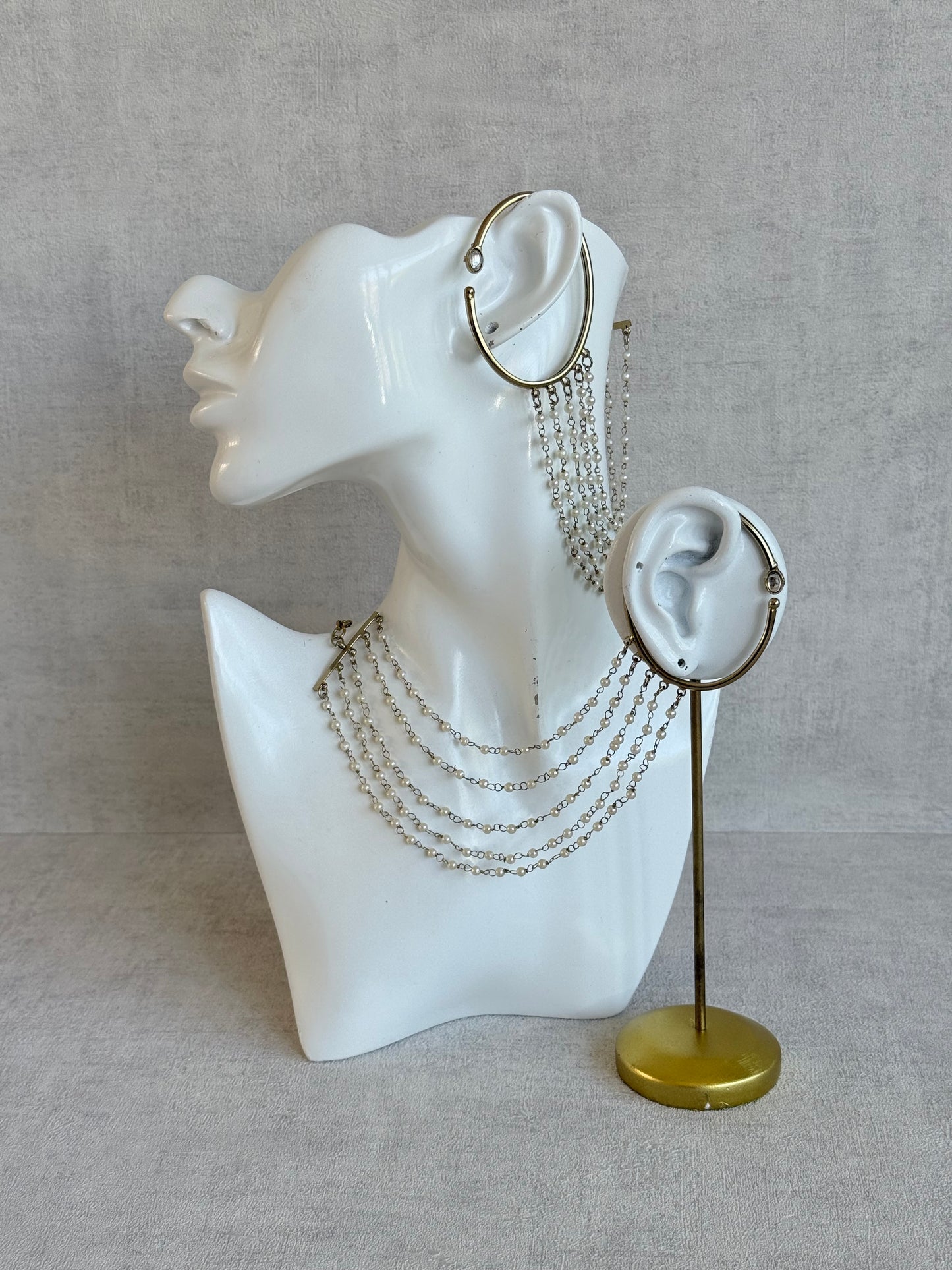 Ayura Designs Anvika Hair Chain Ear Cuffs with Pearl Sahare – Gold Finish & Pearl Detailing