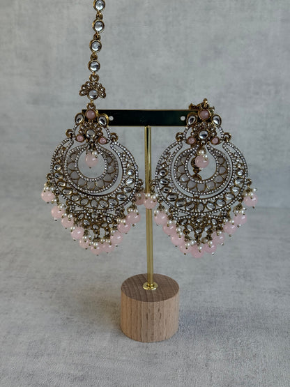 Ayura Designs Rabia Chandbalis – Antique Gold Kundan Earrings with Blush Pink Beads, Pearls & Attached Sahare