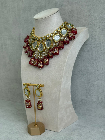 Ayura Designs Omika Set With Necklace And Earrings – Kundan Stones And Ruby Red Meenakari Drops