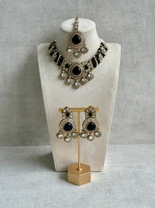 Ayura Designs Rahi Necklace Set with Earrings & Tikka – Black Stones with Mirror-Cut Detailing & Pearl Strands
