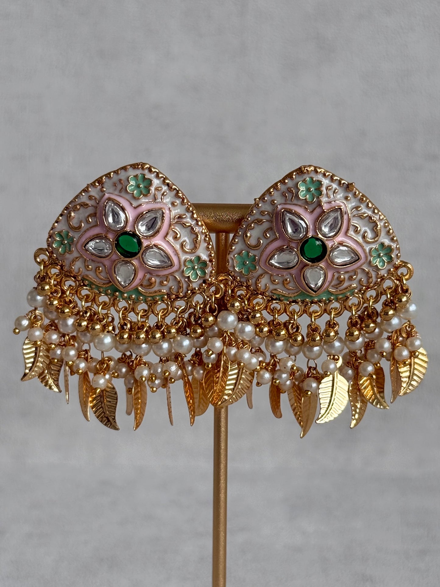 Ayura Designs Rozina Earrings – Floral Meenakari Earrings with Emerald Green Centre Stone, Pearl Clusters & Gold Leaf Charms