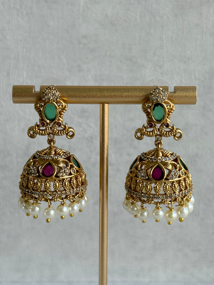 Ayura Designs Ehla Jhumkis – Gold Peacock Design with Green & Ruby Pink Stones, Crystals & Pearl Drops
