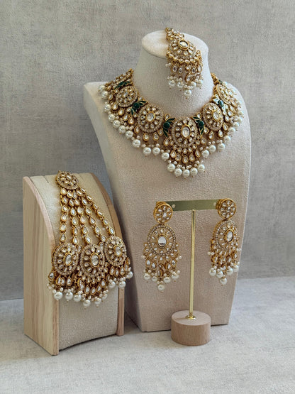 Ayura Designs Zara Set with Necklace, Earrings, Tikka & Passa – Antique Gold with Kundan Detailing & Ivory Pearl Drops