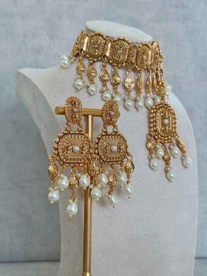 Ayura Designs Elahi Antique Gold-Plated Choker Set with Earrings & Tikka, Adorned with Pearl Drops