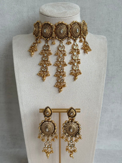 Ayura Designs Kabini Choker Set with Earrings – Gold Kundan Waterfall Choker with Ivory Pearls